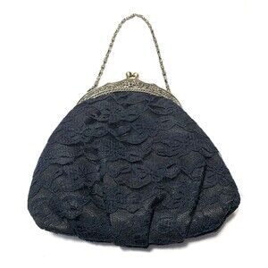 Vtg Black Lace Small Clutch Purse Kiss Lock Metal Frame Chain Strap